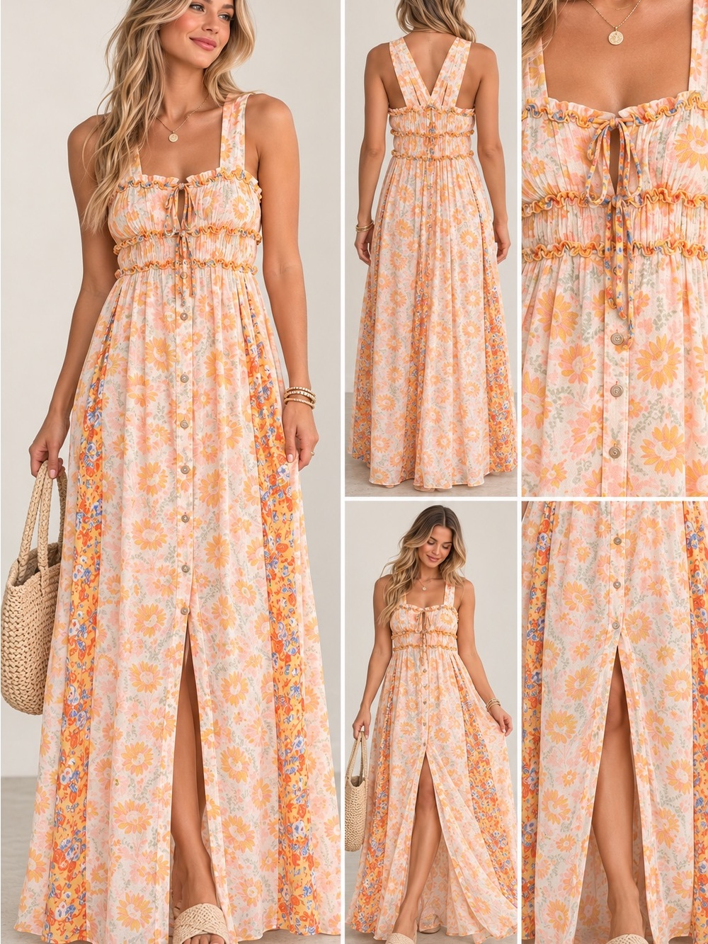 Free People Dance With Me Printed Maxi Dress Orange Ivory Floral Boho